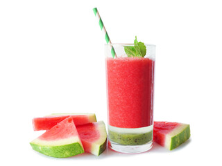 Refreshing layered summer watermelon drink. Side view with slices isolated on a white background.