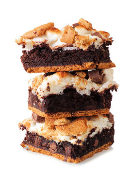 Stack of smores brownie dessert bars isolated on a white background