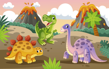 Cute dinosaurs poster. Prehistoric landscape with predators and herbivores, volcano and plants. Nature with brontosaurus, stegosaurus and tyrannosaurus. Cartoon flat vector panoramic illustration © Rudzhan