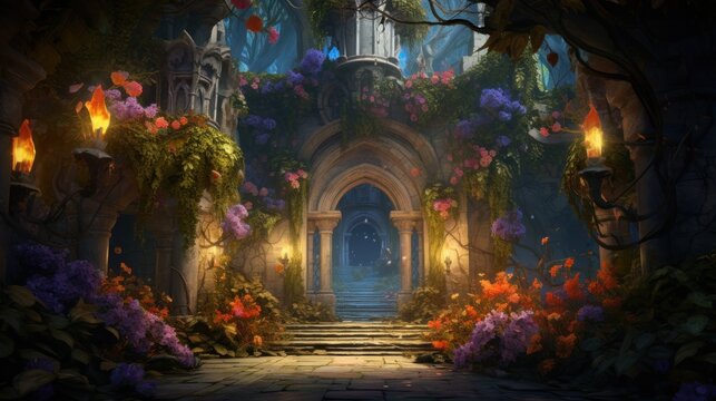 Illustrate a series of intricate archways adorned with colorful flowers and foliage, leading deeper into the beauty cave game art