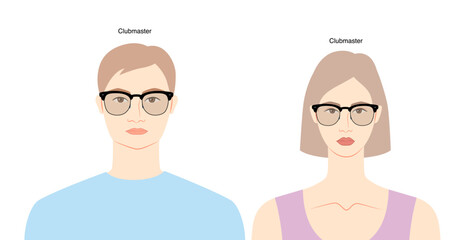 Obraz premium Clubmaster frame glasses on women and men flat character fashion accessory illustration. Sunglass front view unisex silhouette style, rim spectacles eyeglasses, sketch style outline isolated on white