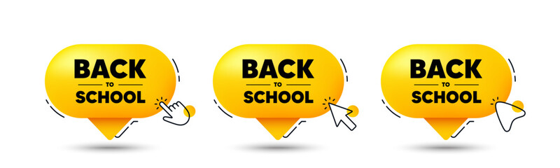 Back to school tag. Click here buttons. Education offer. End of vacation slogan. Back to school speech bubble chat message. Talk box infographics. Vector