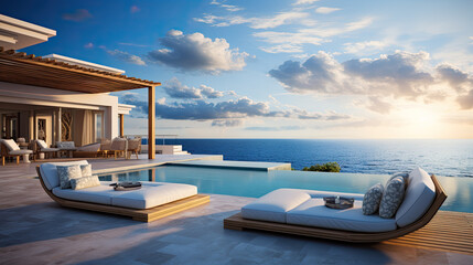 Fototapeta premium sun loungers by the pool of a luxury villa located directly on the beach. Generative AI