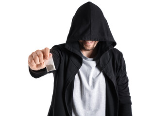 Male junkie with drugs on white background