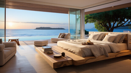 a bedroom with a bed and duvets on top of a luxury villa located directly on the beach. Generative AI