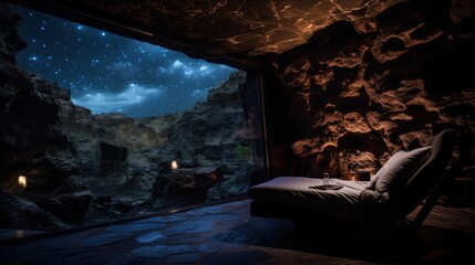 Imagine a hidden opening in the cave ceiling that reveals a breathtaking view of the night sky - Powered by Adobe