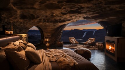 Fototapeta na wymiar Imagine a hidden opening in the cave ceiling that reveals a breathtaking view of the night sky
