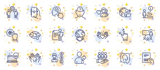 Outline set of Psychology, People chatting and Job interview line icons for web app. Include Parcel invoice, Refer friend, Internet app pictogram icons. Wash hands, Select user. Vector