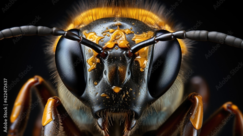 Poster a close up of a bee's face with a black background. generative ai image.