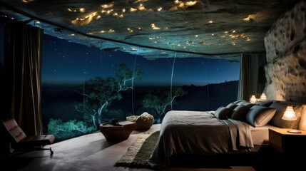 Fototapeta na wymiar Imagine a hidden opening in the cave ceiling that reveals a breathtaking view of the night sky