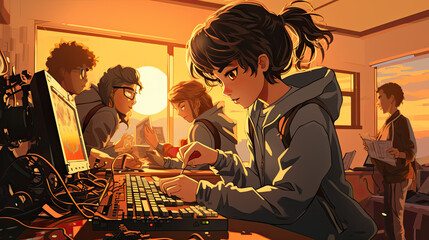 a young girl works on a computer. technical repairs. drawn in a comic look. Generative AI