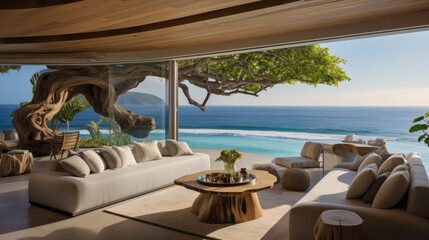 Obraz premium modern luxury living room with a couch in front of a large window overlooking the sea. Generative AI
