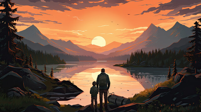 father and his son at a lake at sunset. back view. spending time together, family. Generative AI