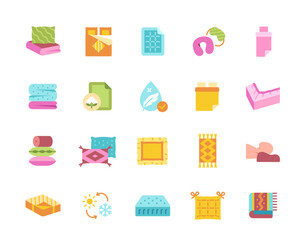 Sleep fabric icon set. Stickers with pillows and pillowcases, blankets and carpets, mattresses and sheets. Bathrobes and towels for hotels. Cartoon flat vector collection isolated on white background