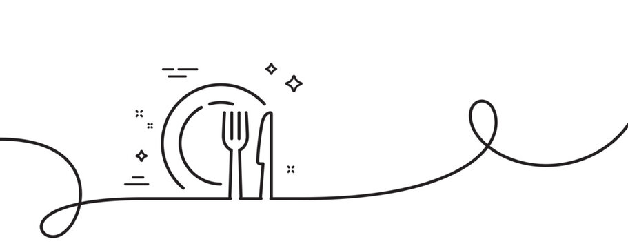 Dish line icon. Continuous one line with curl. Tableware food plate sign. Kitchenware fork and knife symbol. Dish single outline ribbon. Loop curve pattern. Vector