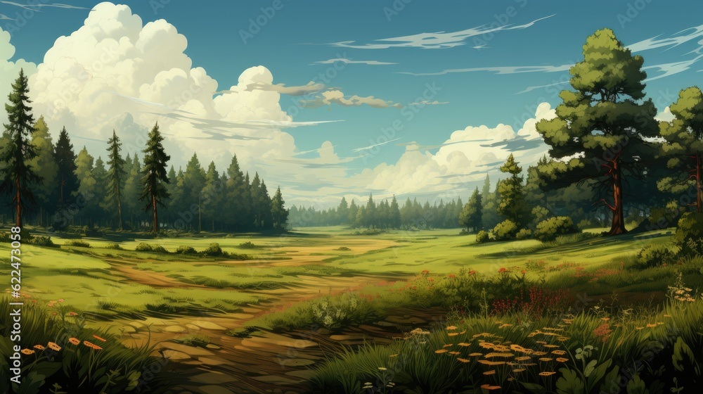 Poster a painting of a field with trees and grass. generative ai image.
