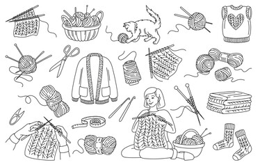 Knitting Crochet set. Character handmade sweater and clothes with yarn and threads, next to cat playing with wool yarn ball in doodle style. Linear flat vector collection isolated on white background