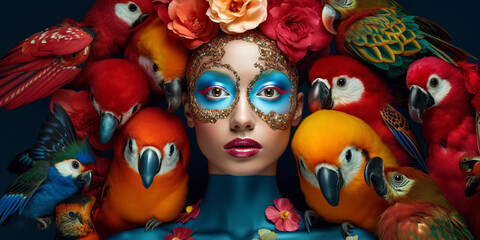 Fototapeta na wymiar A beautiful woman is surrounded by colored flowers and parrots, in the style of surreal fashion photography. woman with colorful makeup and parrots, birds by her side. digital ai 