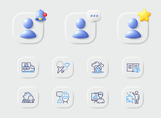 Presentation board, Delivery truck and Honeymoon travel line icons. Placeholder with 3d star, reminder bell, chat. Pack of Builder warning, Help, Building icon. Vector