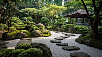 Zen garden with carefully manicured rocks, a meditative pathway, and lush greenery. This serene space provides a peaceful retreat for reflection and relaxation
