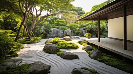 Zen garden with carefully manicured rocks, a meditative pathway, and lush greenery. This serene space provides a peaceful retreat for reflection and relaxation