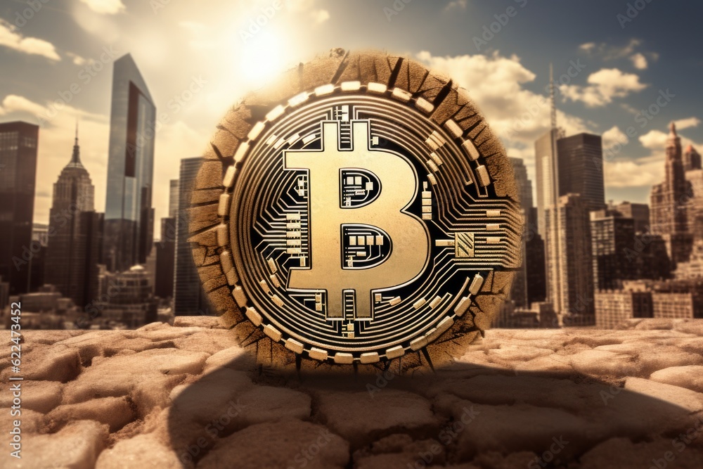 Aufkleber a bitcoin sitting on top of a pile of rocks in front of a cityscape. generative ai image.
