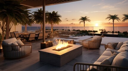 Stylish outdoor lounge area with comfortable seating, a fire pit, and a built - in bar, providing an inviting space for socializing and enjoying the Mediterranean evenings