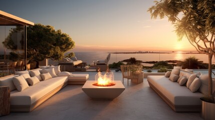 Stylish outdoor lounge area with comfortable seating, a fire pit, and a built - in bar, providing an inviting space for socializing and enjoying the Mediterranean evenings