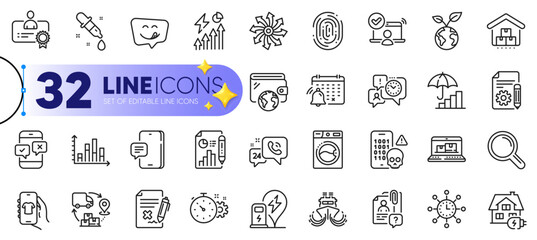 Outline set of Ship, Charging station and Diagram graph line icons for web with Washing machine, Reject file, Shop app thin icon. Fingerprint, Certificate, Online access pictogram icon. Vector