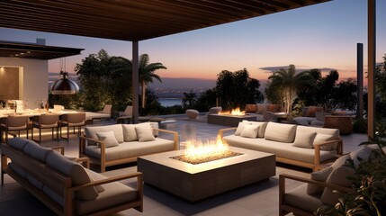 Stylish outdoor lounge area with comfortable seating, a fire pit, and a built - in bar, providing an inviting space for socializing and enjoying the Mediterranean evenings