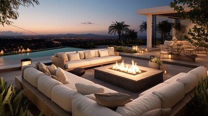 Stylish outdoor lounge area with comfortable seating, a fire pit, and a built - in bar, providing an inviting space for socializing and enjoying the Mediterranean evenings