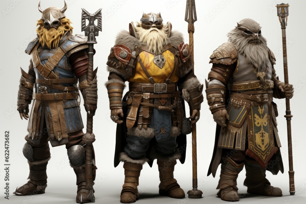 Poster a group of three men dressed in armor. generative ai image.