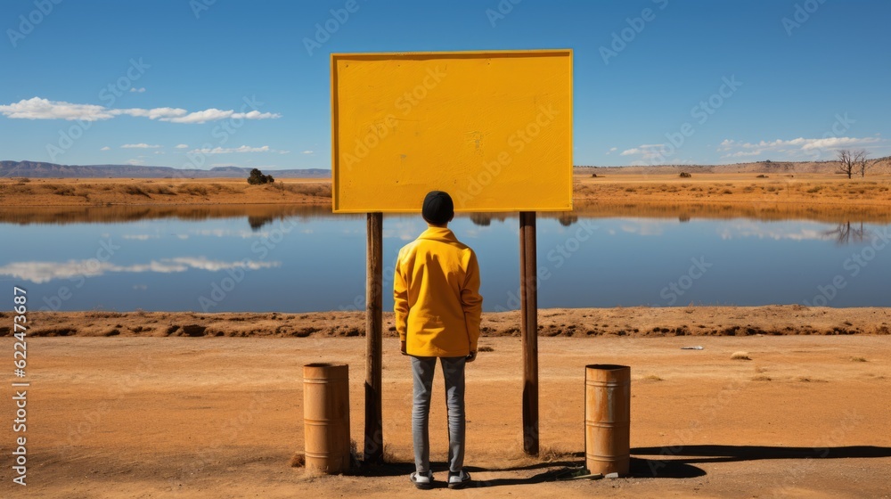 Poster a man standing in front of a yellow sign. generative ai image.