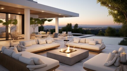 Stylish outdoor lounge area with comfortable seating, a fire pit, and a built - in bar, providing an inviting space for socializing and enjoying the Mediterranean evenings