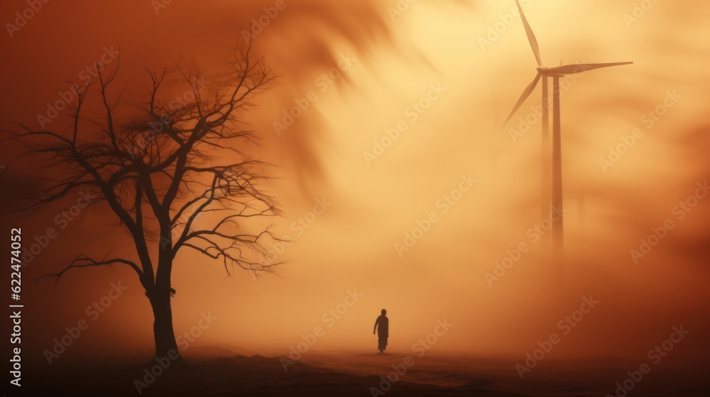 Poster a person standing in front of a wind turbine. generative ai image.
