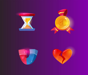 Game icons set. Shiny elements with hourglass and magnet, broken heart and gold medal. Relistik isommetric stickers for ui design. Cartoon flat vector collection isolated on violet background