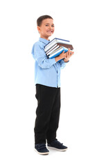 Little schoolboy with books on  white background