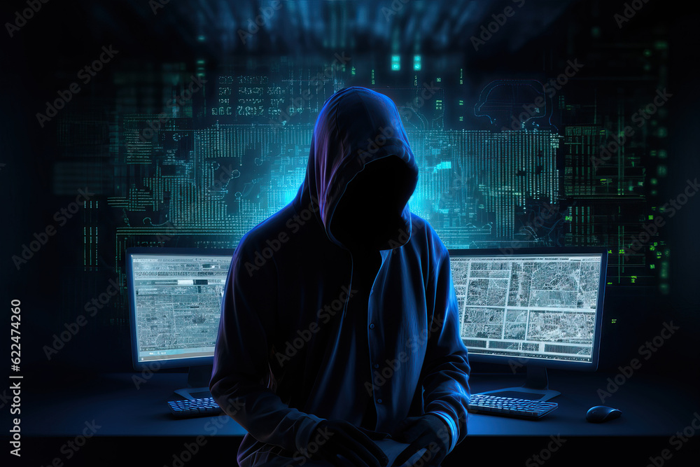 Poster a shacker person immersed in the digital world, surrounded by a mesmerizing display of computer scre