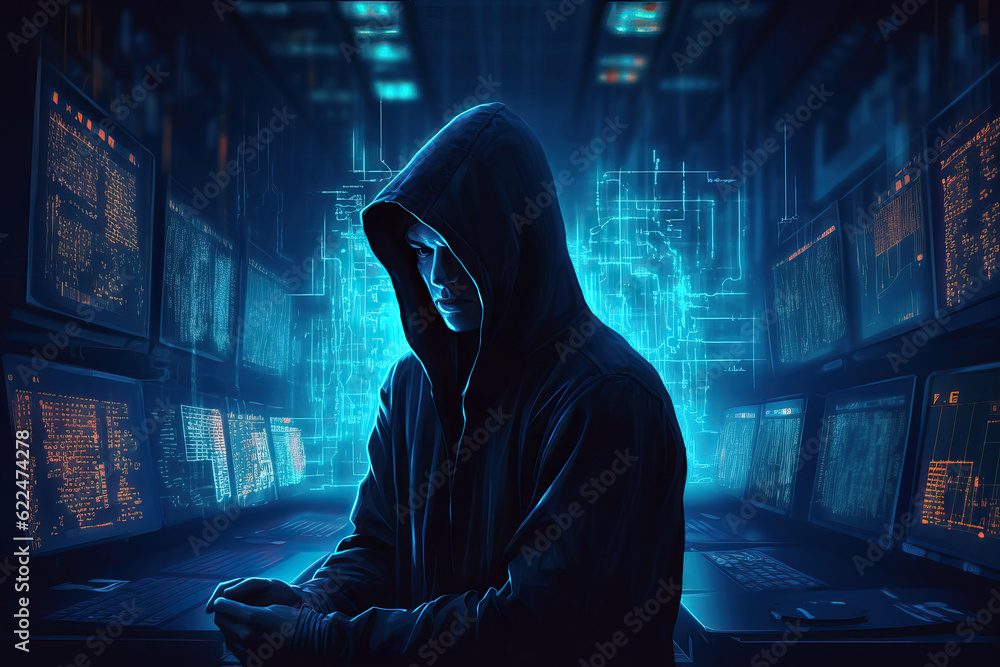 Poster a shacker person immersed in the digital world, surrounded by a mesmerizing display of computer scre