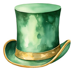 watercolor clipart of a green top hat with gold trim isolated.