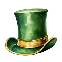 watercolor clipart of a green top hat with gold trim isolated.