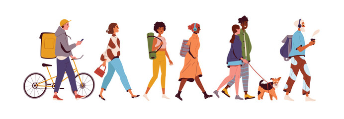 People walk set. Passers walk down street and go to work or yoga, courier delivers food, couple with dog. Adults and young characters. Catoon flat vector collection isolated on white background