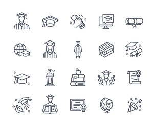 Graduation icons set. Outline education stickers with student in cap and textbooks, diploma and certificate, university or college degree. Linear flat vector collection isolated on white background