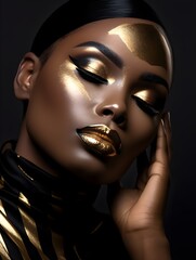 Professional Makeup Models, Glitter, Bold and Daring Style, Colorful, Vivid, Extreme Angle, Fashion and Beauty, Closeup Face View, Black Woman with Gold Makeup
