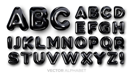 Glossy, black English alphabet. Set of letters from A to Z. Balloons font. Bright 3D, realistic vector illustration