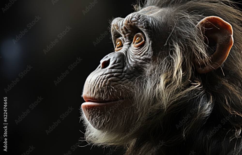 Poster a close up of a chimpanzee face with a black background. generative ai image.