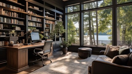 Stylish home office or library with custom built in bookshelves, comfortable seating, and inspiring views for a tranquil workspace