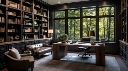 Stylish home office or library with custom built in bookshelves, comfortable seating, and inspiring views for a tranquil workspace