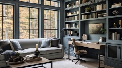 Stylish home office or library with custom built in bookshelves, comfortable seating, and inspiring views for a tranquil workspace