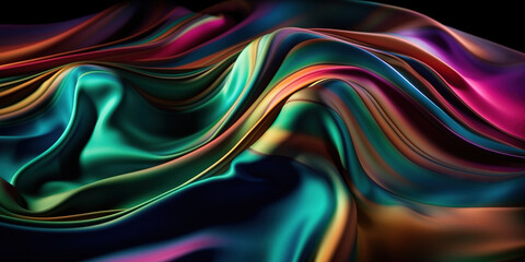 Fototapeta na wymiar Abstract colorful smooth wavy elegant holographic silk cloth texture design, dynamic shiny luxury metallic satin fabric wave background. Generative AI
